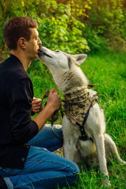 genç bir çift bir köpek parkta yürüyüş