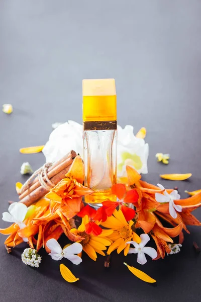 Botella de perfume con ingredientes — Foto de Stock