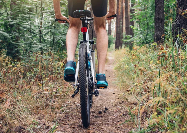 Young bicyclist riding in the forest — Stock Photo, Image