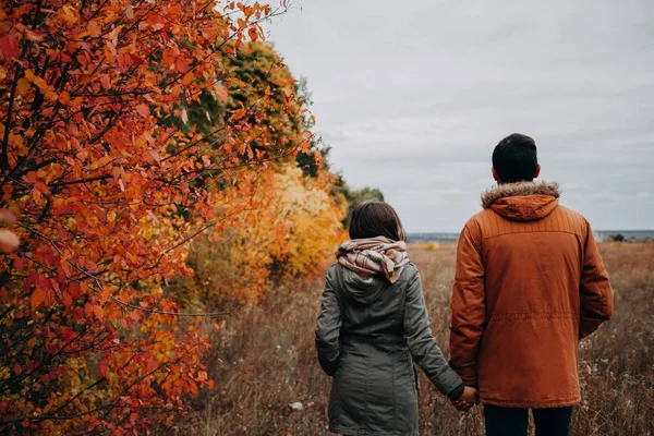 Junges Paar spaziert im Herbstwald zwischen bunten Bäumen — Stockfoto