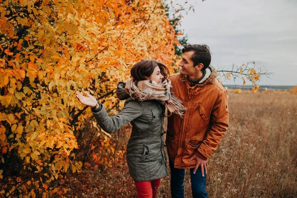 Junges Paar spaziert im Herbstwald zwischen bunten Bäumen — Stockfoto