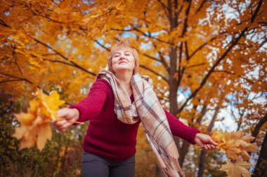 Orta yaşlı bir kadın akçaağaç yaprakları toplar
