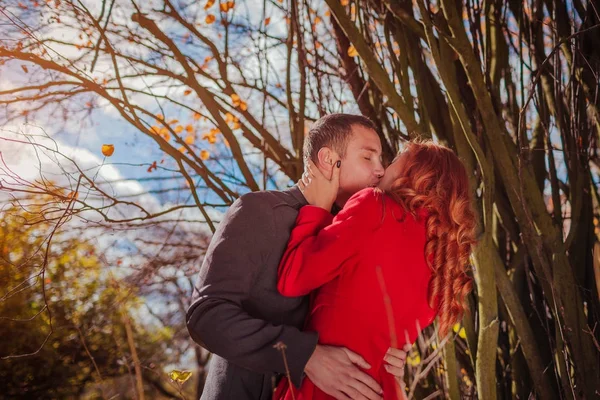 Jeunes baisers de couple dans la forêt d'automne parmi — Photo