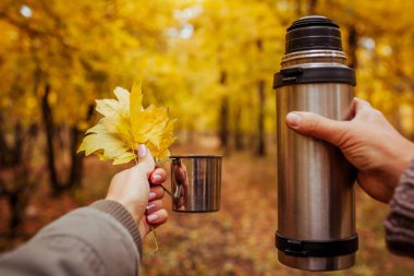İki gezginler sonbahar ormanda çay içiyor