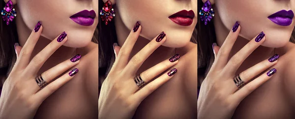 Mooie vrouw met verschillende make-up en manicure juwelen dragen. Drie varianten van stijlvolle looks — Stockfoto