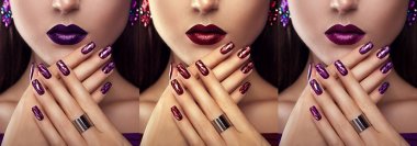 Beautiful woman with different make-up and manicure wearing jewellery. Three variants of stylish looks clipart