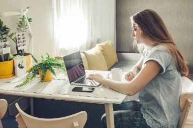 Onu laptop oturma içinde kullanan genç kadın