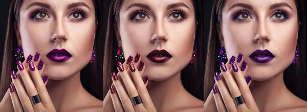 Hermosa mujer con diferente maquillaje y manicura con joyas. Tres variantes de looks elegantes — Foto de Stock