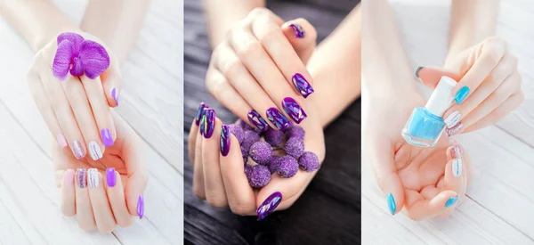 Tre diversi colori di manicure. Scelta di luce e viola scuro con scintille e colori blu . — Foto Stock