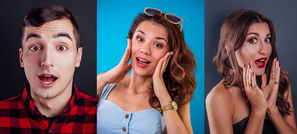 Three portraits of excited young man and women. Emotions concept