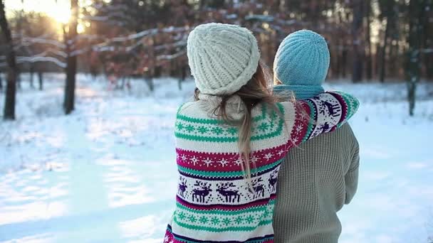 Família Abraçando Floresta Inverno Vestindo Camisolas Quentes Apreciando Paisagem Mãe — Vídeo de Stock