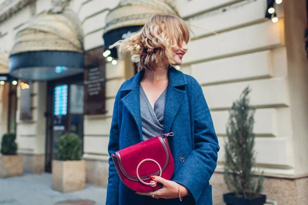 Fashionable Spring Accessories Female Purse Stylish Woman Wearing Classic Blue — Stock Photo, Image