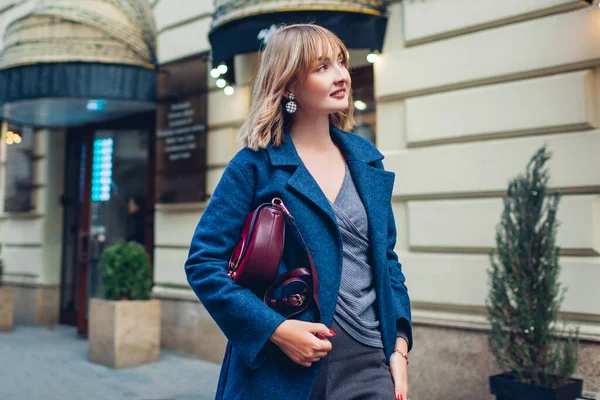 Stylish Young Woman Wearing Trendy Outfit Blue Coat Jewellery Walking — Stock Photo, Image