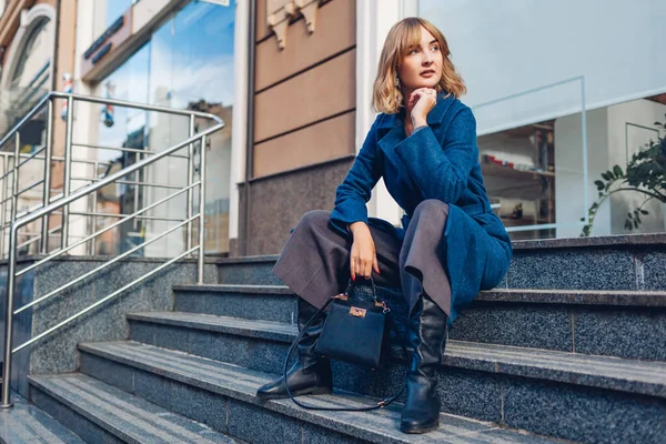 Portrait Stylish Young Woman Wearing Blue Coat Leather Boots Walking — Stock Photo, Image