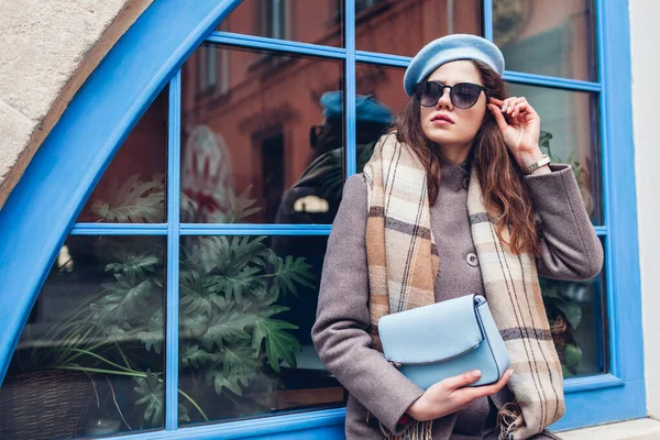 Portrait Stylish Young Woman Wearing Beret Coat Scarf Holding Blue — Stock Photo, Image