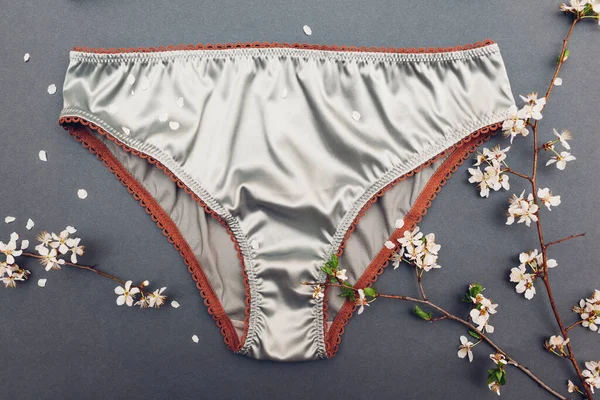 Ropa Interior Seda Femenina Con Flor Primavera Bragas Satén Plateado — Foto de Stock