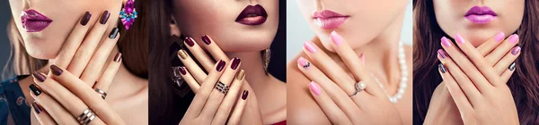 Diseño Uñas Cuatro Looks Mujer Con Diferente Maquillaje Manicura Rosa —  Fotos de Stock