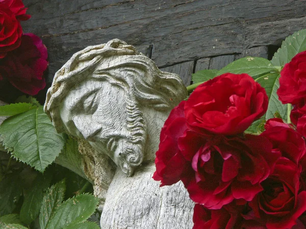 Cruz de madera con rosas — Foto de Stock