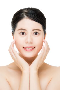 asya gülümseme kadın dokunmatik temiz güzel sağlıklı yüz, beyaz geri