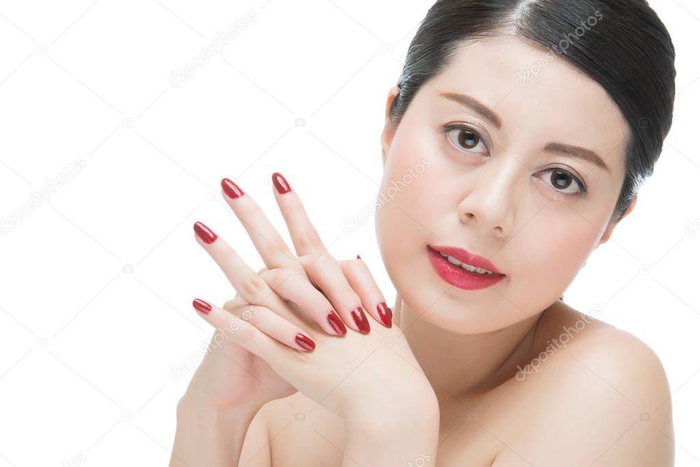 sexy glamour woman red lipstick with red nail polish finger