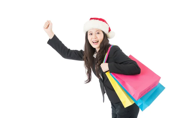 Noel alışveriş iş kadını ile hediye çanta neşeli — Stok fotoğraf