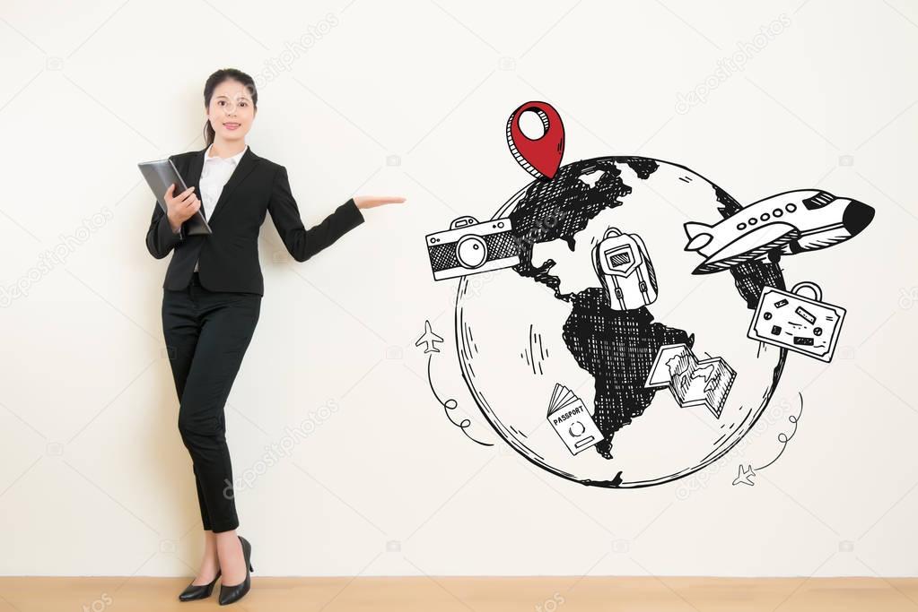 travel agency business woman showing presenting gesture