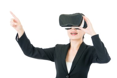 Asya iş kadını işaret ekran Vr kulaklık gözlük tarafından