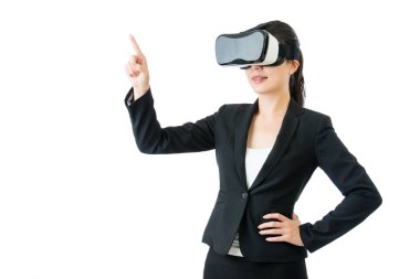 Asya iş kadını işaret ekran Vr kulaklık gözlük tarafından