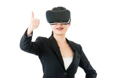 Asya iş kadını iyi gibi Vr kulaklık gözlük kullanmak için