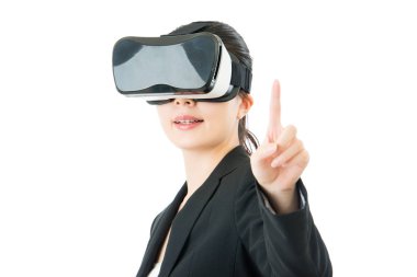 Asya iş kadını işaret ekran Vr kulaklık gözlük tarafından