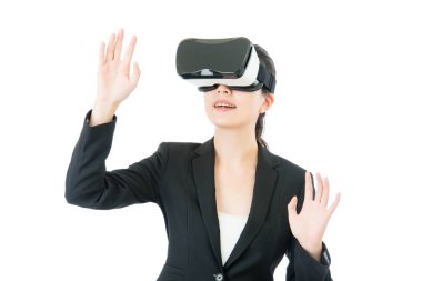 Asya iş kadını düzenleme iş akışı tarafından Vr kulaklık gözlük