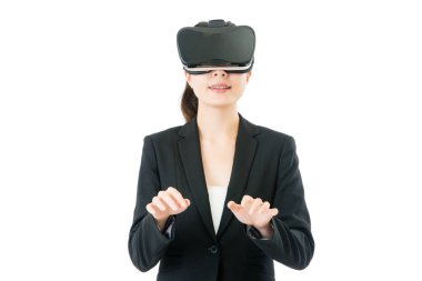 Asya iş kadını Vr mezartaşı yanında kullanma Klavye benzetimi