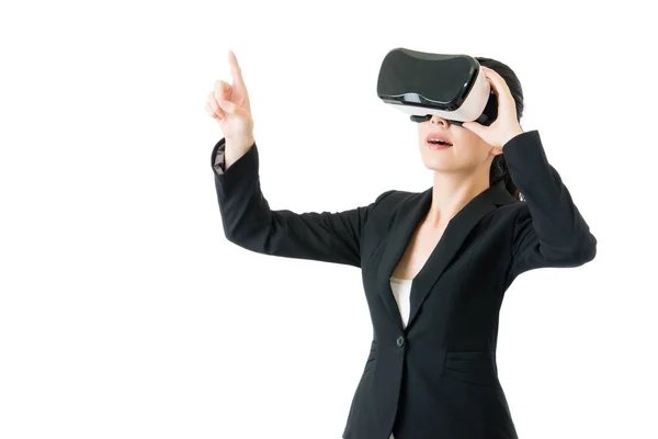 Aziatische zakenvrouw wijs scherm door Vr headset bril — Stockfoto