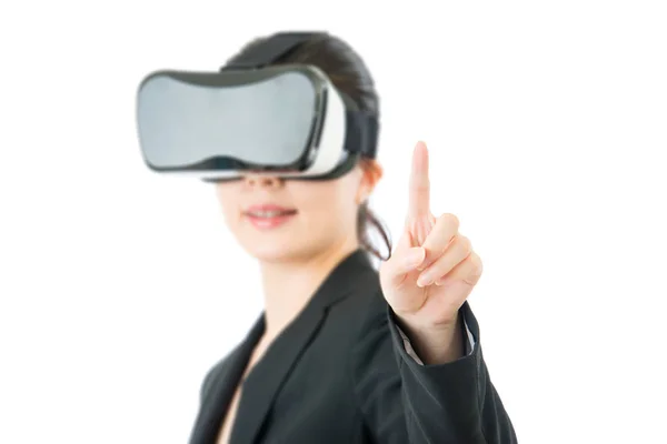 Asiático negocio mujer punto pantalla por VR gafas de auriculares —  Fotos de Stock