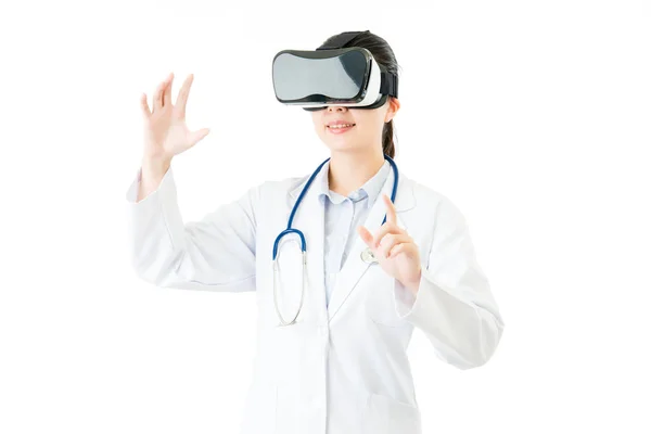 Asian female doctor check touch screen by VR headset — Stock Photo, Image