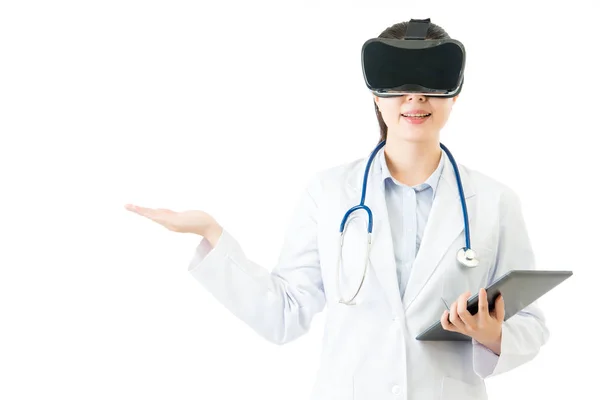 Asian doctor use digital tablet  VR headset hand up — Stock Photo, Image