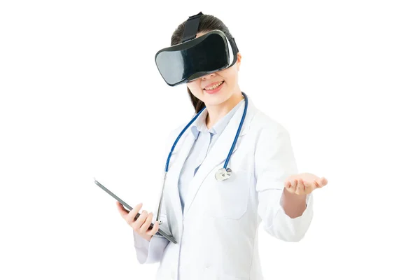 Asian doctor use digital tablet  VR headset hand up — Stock Photo, Image