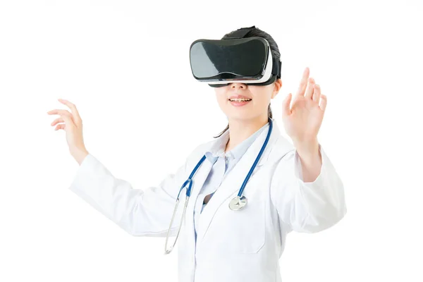 Asian female doctor check touch screen by VR headset — Stock Photo, Image