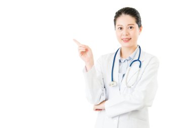 Mutlu kadın doktor noktası jest boş alan veya boşaltmak