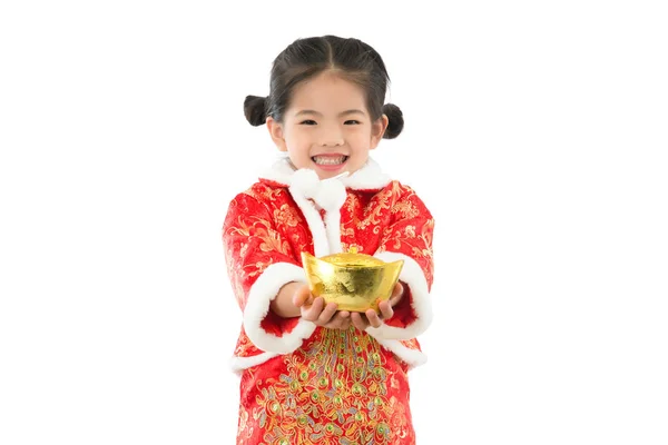 Ασίας παιδιά κορίτσι δείχνει χρυσό για τυχερός — Φωτογραφία Αρχείου