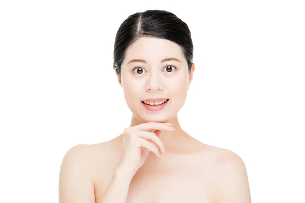 Feliz asiático mulher modelo dedo toque perfeito rosto — Fotografia de Stock