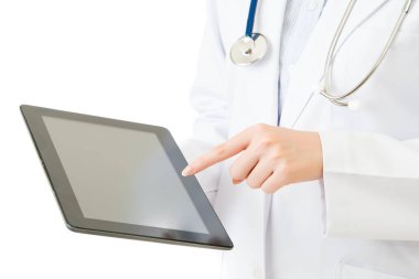 Güzellik Asyalı doktor dijital tablet pad dokunmatik ekranın kullanılması