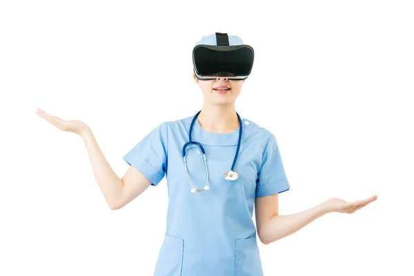 Asian woman surgeon making choice with VR headset — Stock Photo, Image