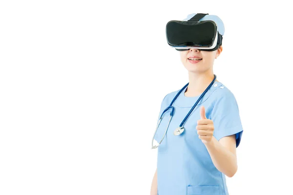 Asian female surgeon thumb up with VR headset glasses — Stock Photo, Image