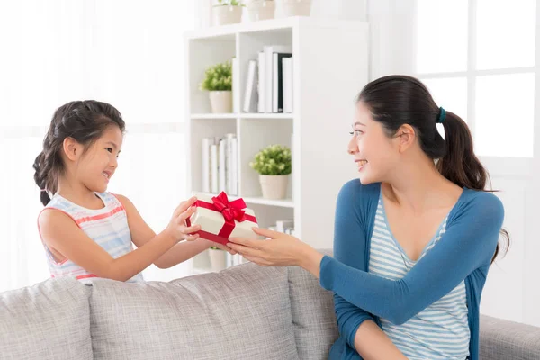 daughter giving her mother a red ribbon gift box