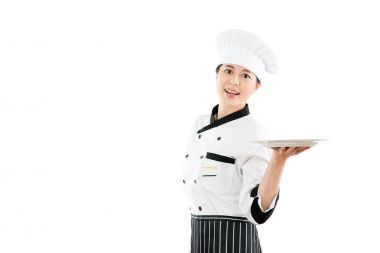 boş tabak tutan güzel Asya Şef