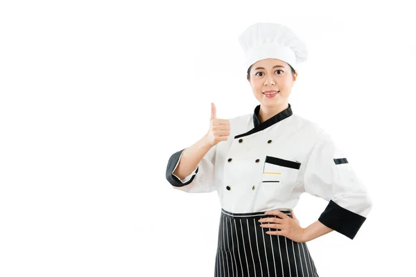 Chef-kok vrouw met gelukkig duimschroef opwaarts — Stockfoto