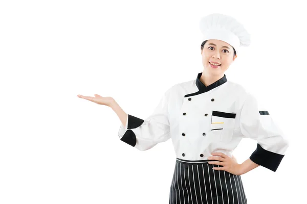 Vrouw chef-kok stak hand in presentatie — Stockfoto