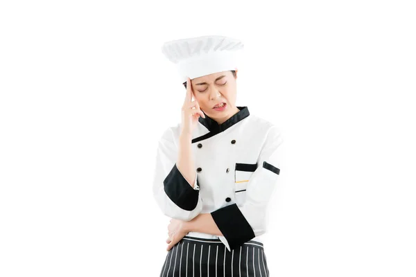 Gefrustreerd meisje vrouw hoofdpijn gevoel chef-kok — Stockfoto