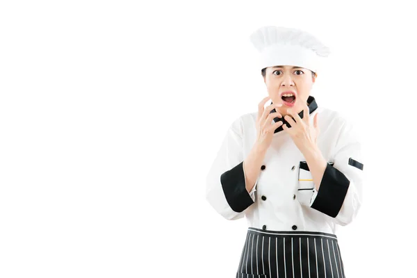 Boos cook vrouw voelen gek en schreeuwen — Stockfoto